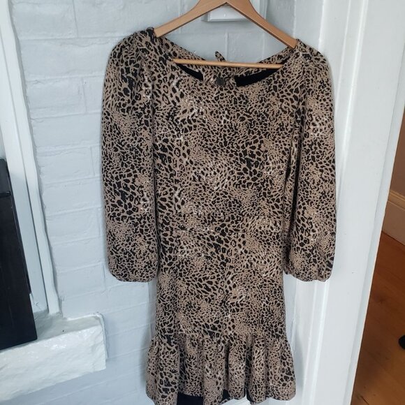 Anthropologie MAEVE PUFF SLEEVES ANIMAL PRINT CUT OUT MINI DRESS SIZE 14 - Picture 4 of 16
